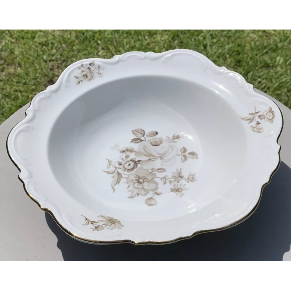 Mitterteich Bavaria Barbara Vegetable Bowl 9.5" Serving White Brown Roses Gold